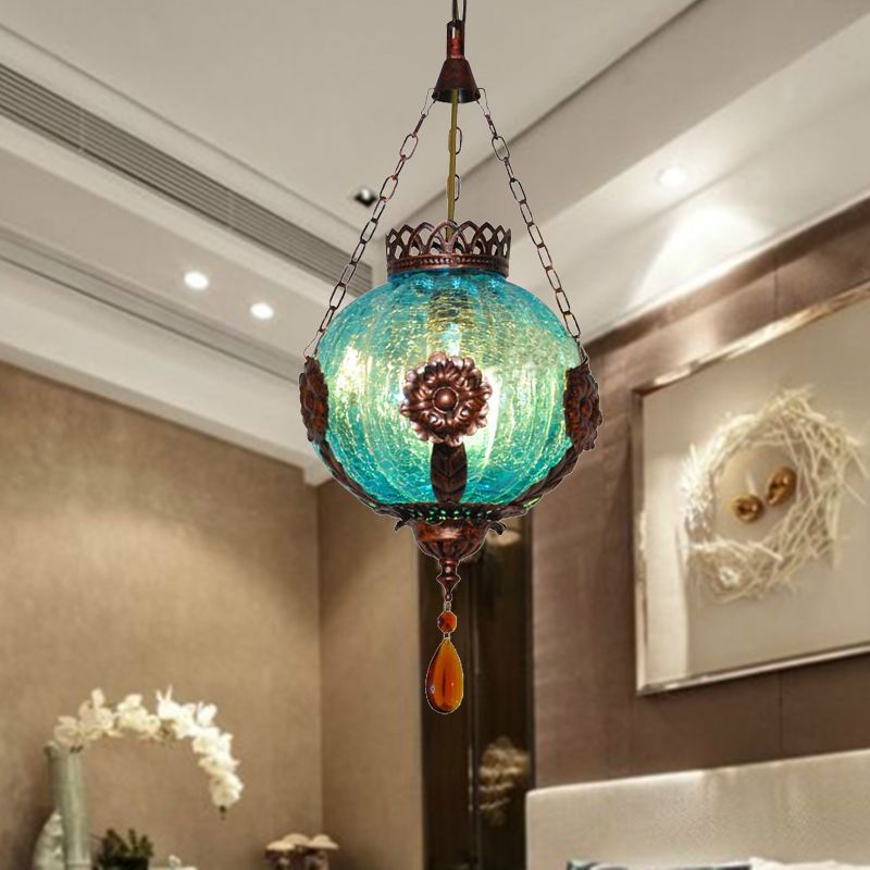 1 Light Sphere Suspension Lighting Vintage Blue Crackle Glass Hanging Ceiling Light