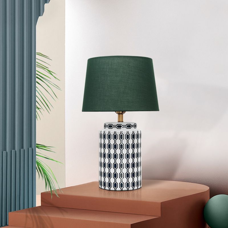 Cylindrical Bedside Nightstand Lamp Patterned Ceramic Single Simplistic Table Light with Empire Shade in Green