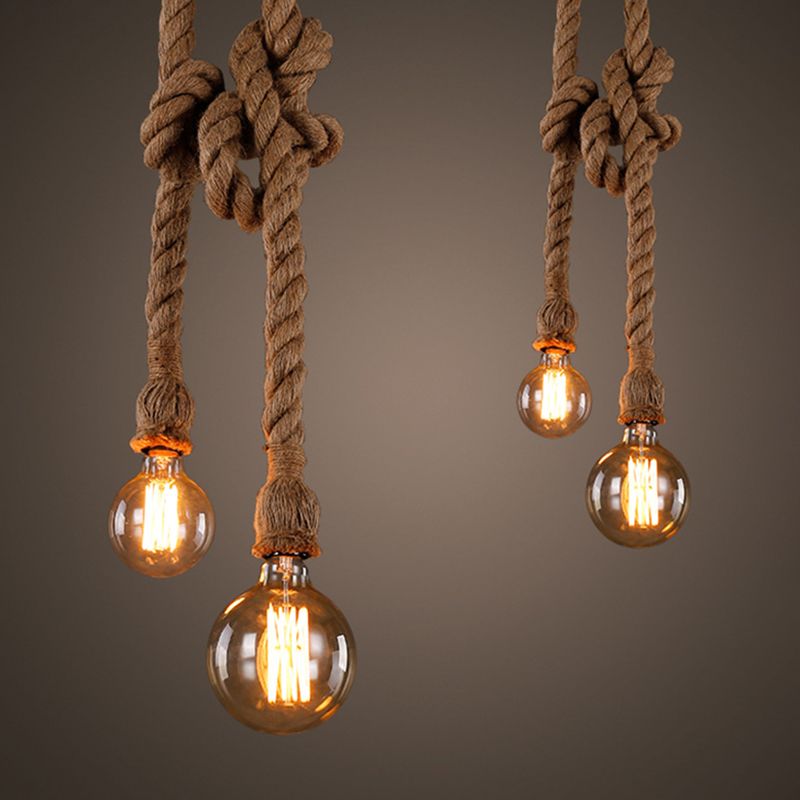 Industrial Exposed Bulb Pendant Light 1 Light Hemp Rope Hanging Lamp in Beige