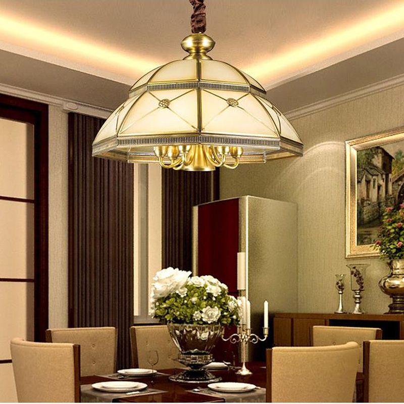 Frosted Glass Gold Pendant Chandelier Bowl 7 Lights Colonialism Ceiling Hang Fixture for Kitchen