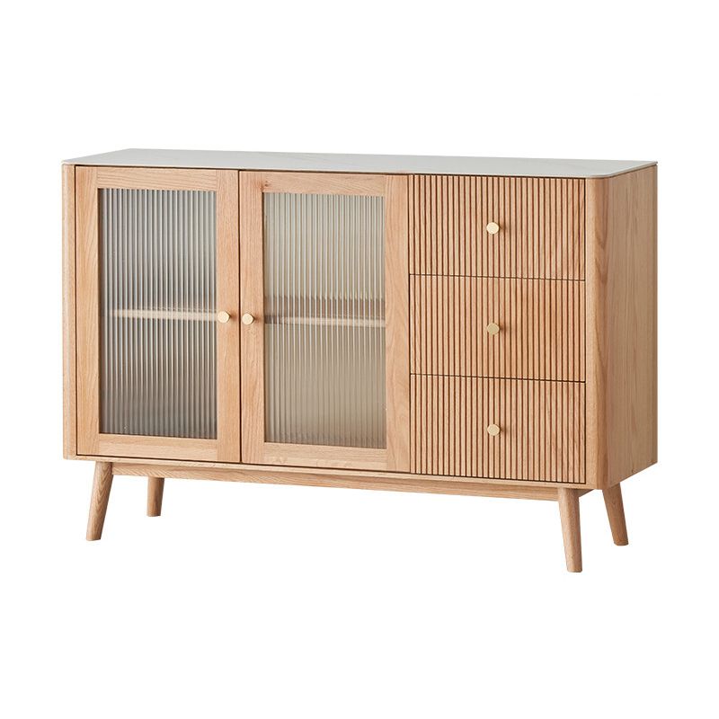 Oak Finished Sideboard Modern Style Glass Door with 3 Drawer