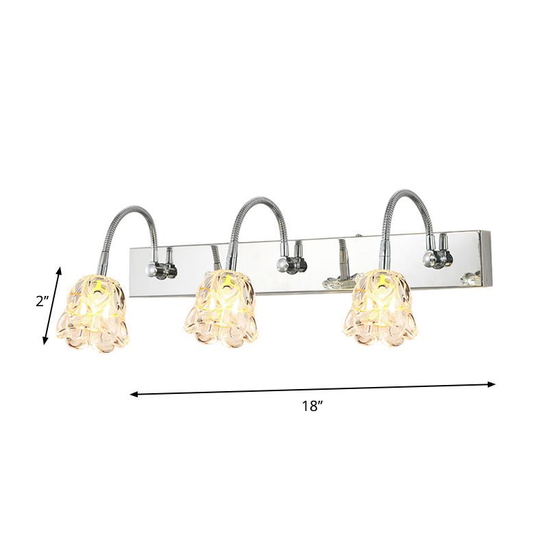 Pétalo Clear Glass tocador Ligera Luz de luz Moderna 3 luces Luces de pared de acabado plateado con brazo de cuello de cisne