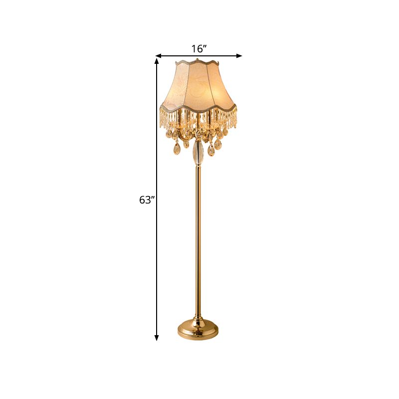 Gold Candlestick Floor Light Traditional Crystal Droplets 4 Bulbs Living Room Standing Floor Lamp with Scalloped Trim Shade