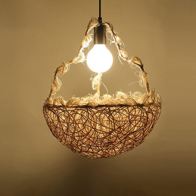 Rattan cage pendulum luce paese 1 lampadina beige appeso a soffitto per il ristorante