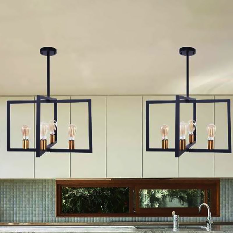 Industrial Rectangular Pendant Lighting 4 Lights Metallic Hanging Light in Black for Kitchen