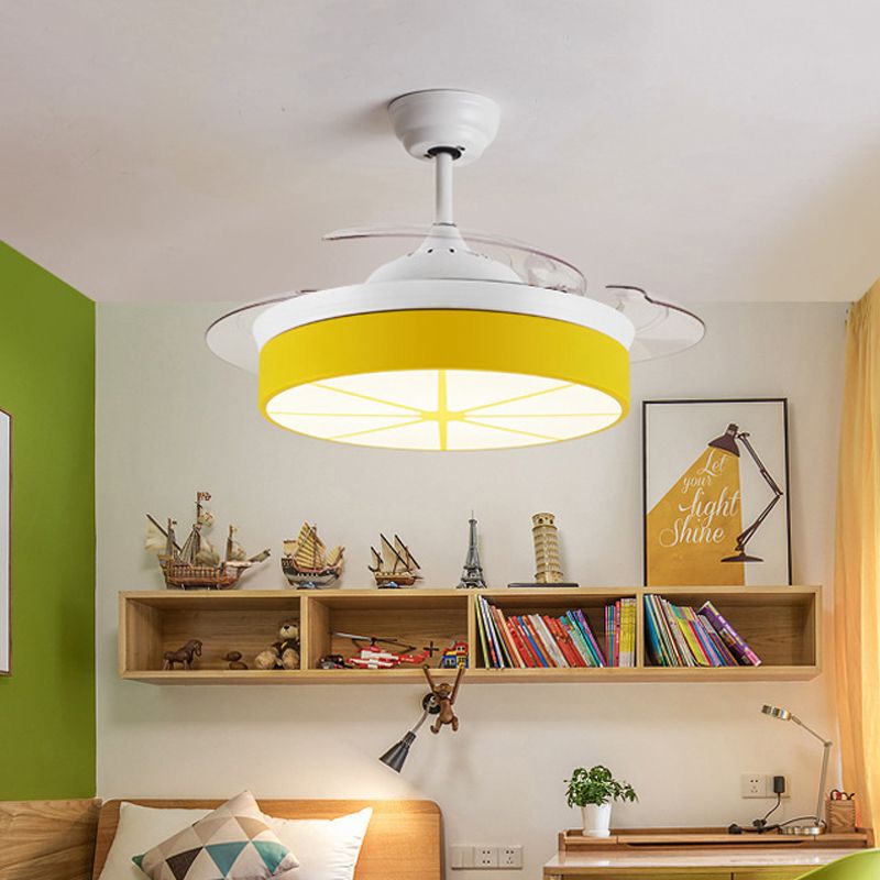 Minimalist Round Semi Flushmount Acrylic Bedroom LED Hanging Fan Light Fixture in Yellow with 3 Clear Blades, 42" Wide