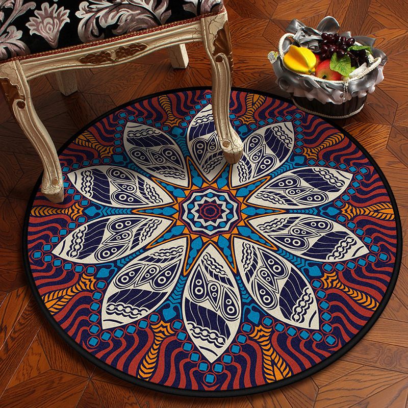 Round Multicolor Antique Area Carpet Polyester Floral Printing Rug Easy Care Carpet for Living Room