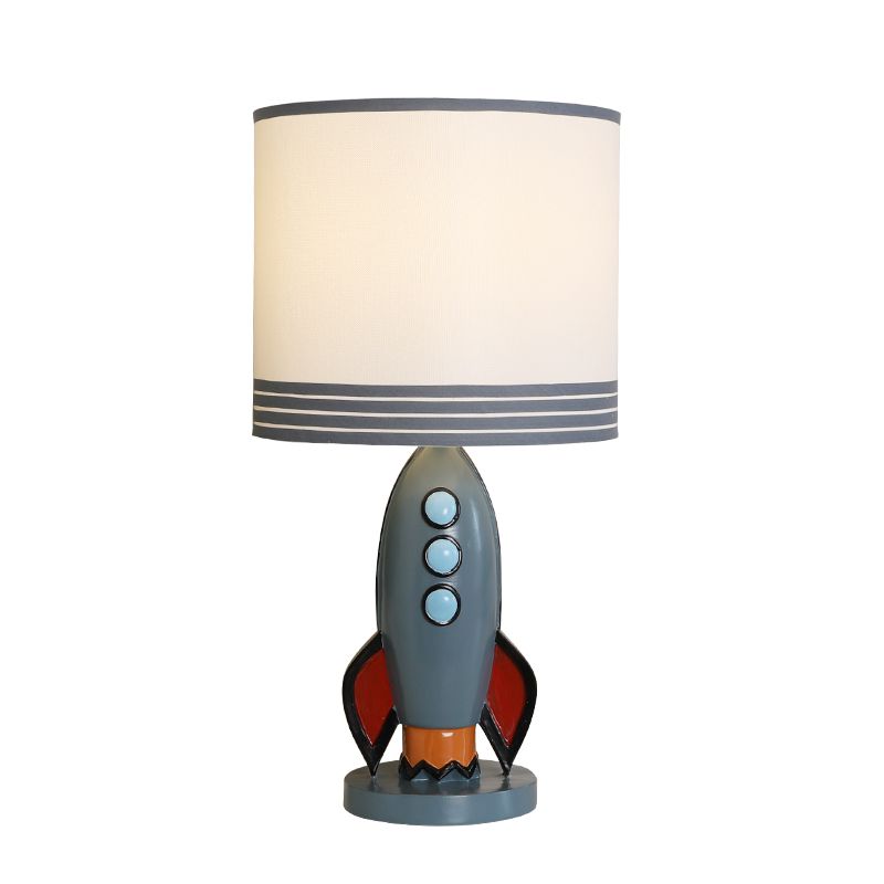 Fabric Drum Shade Table Lamp Modern Style 1 Light White Table Lighting with Resin Rocket Base