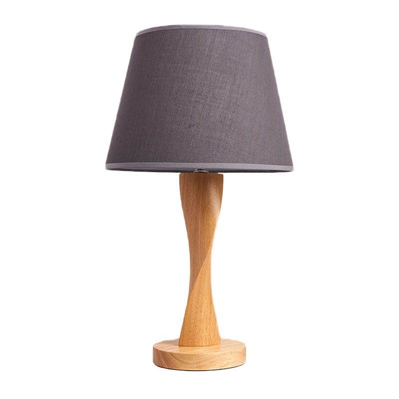 Wood Twisted Night Lamp Cottage 1 Light Living Room Table Lighting with Conic Fabric Shade in Beige/Grey/Flaxen