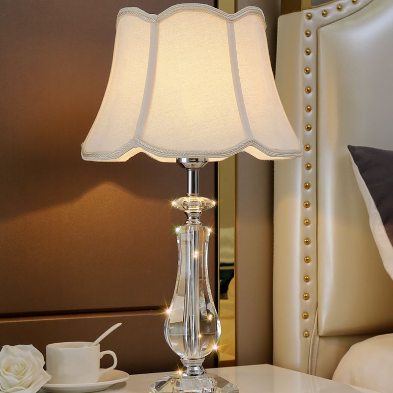 1 Head Flared/Pleated Shade Table Light Traditional Beige/Burgundy/Sky Blue Fabric Nightstand Lamp with Crystal Column