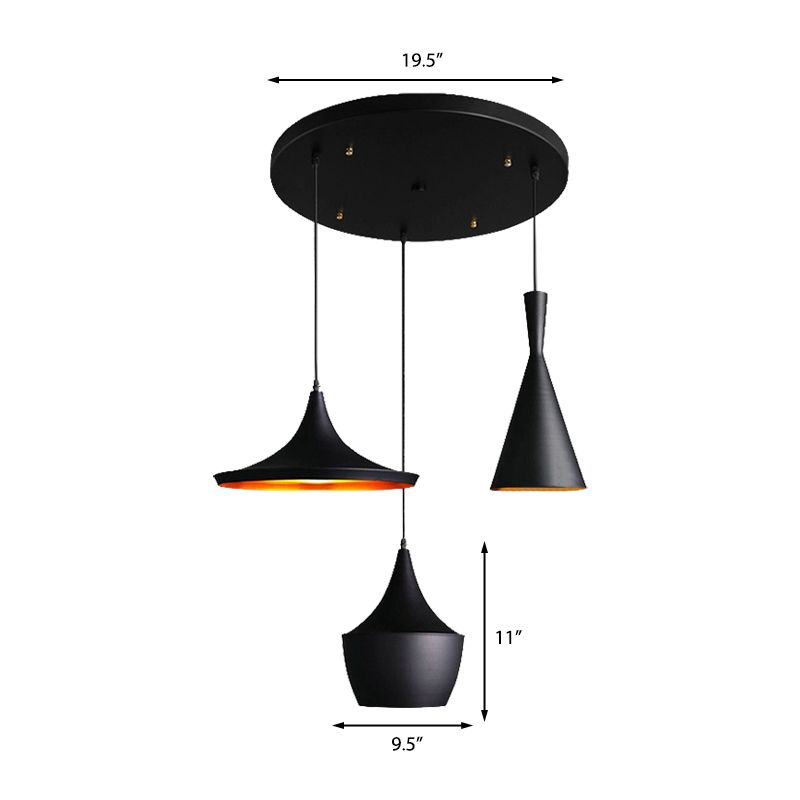 3 Heads Pendant Light with Shade Metallic Industrial Style Restaurant Hanging Light in Black