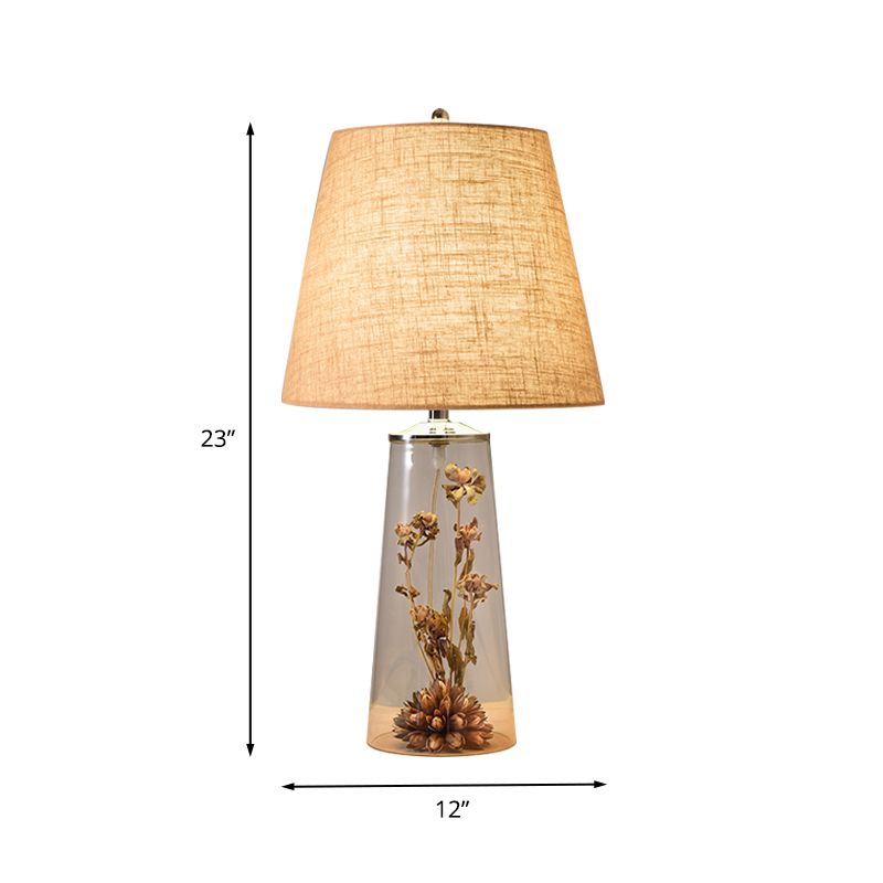 Modern 1 Head Table Light Clear Waterdrop/Bottle Glass Night Lighting with Dried Flower Decor and Flaxen Fabric Shade