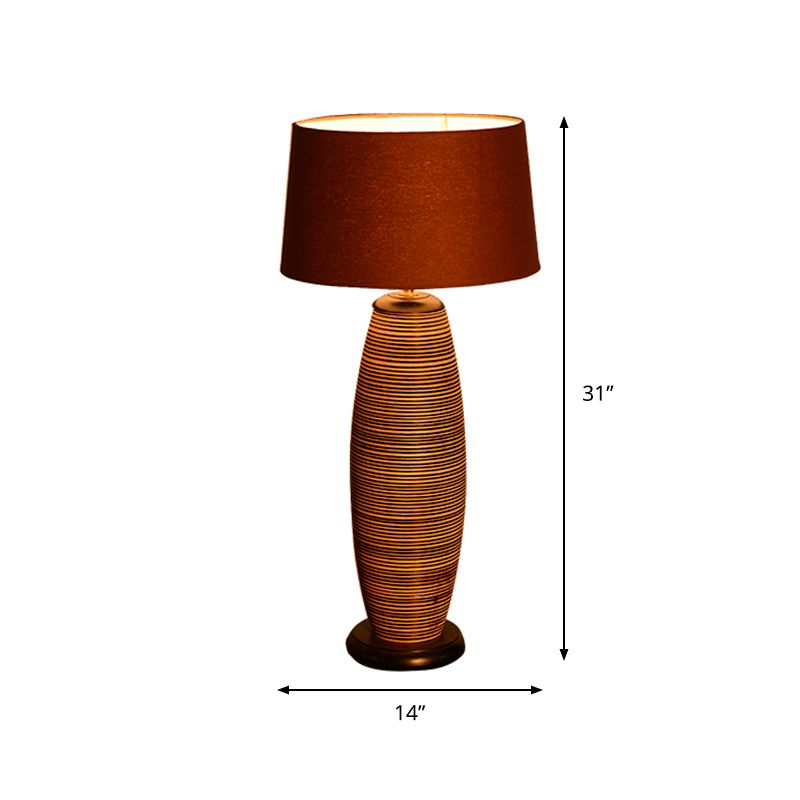 Coffee Cocoon Shaped Night Lighting Asia 1 Head Wood Night Table Lamp with Drum Brown Fabric Shade