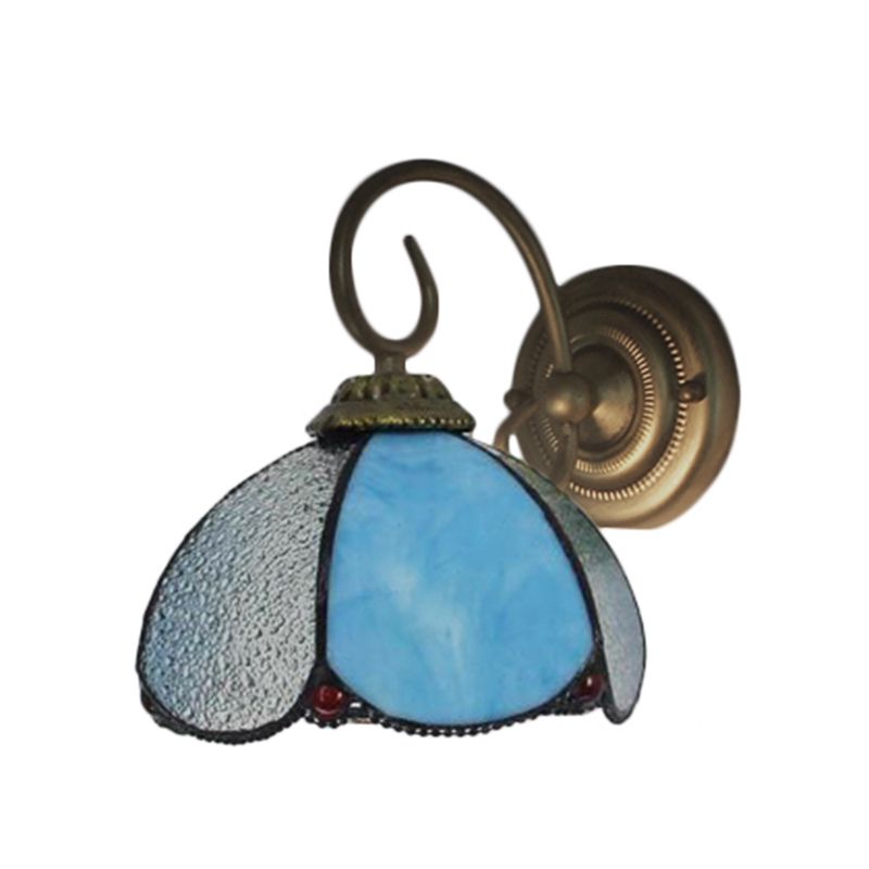Tiffany Petal Shaped Sconce Light with Curved Arm 1 Light Glass Wall Light in Blue for Study Room