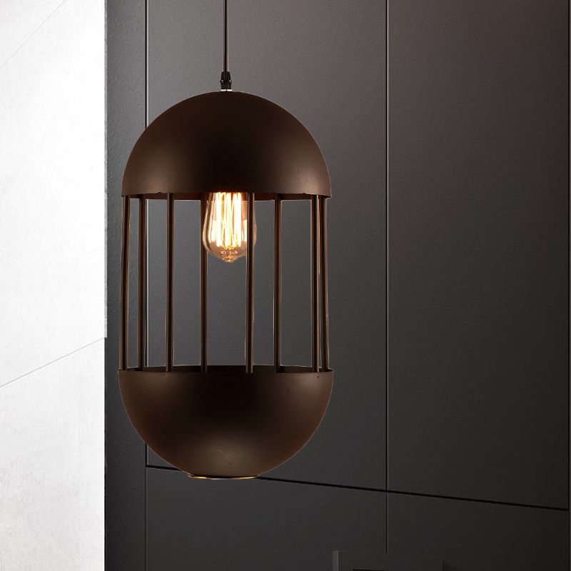 Black Oval Cage Pendant Lamp Industrial Metal 1 Bulb Dining Room Hanging Light Kit