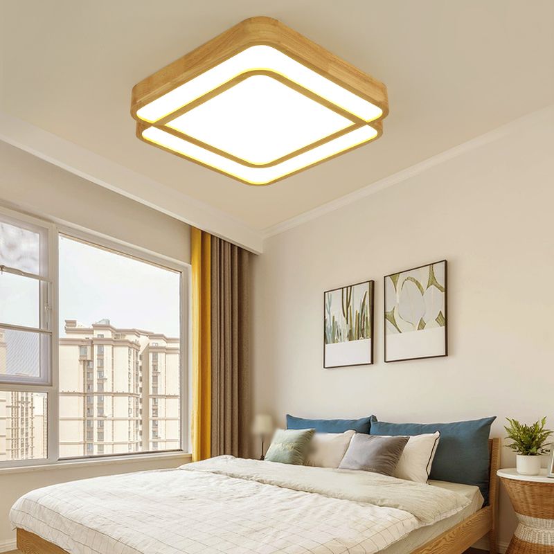 Diamond Shape Bedroom LED Flush Mount Lamp Wooden Simple Flush Light Fixture in Beige