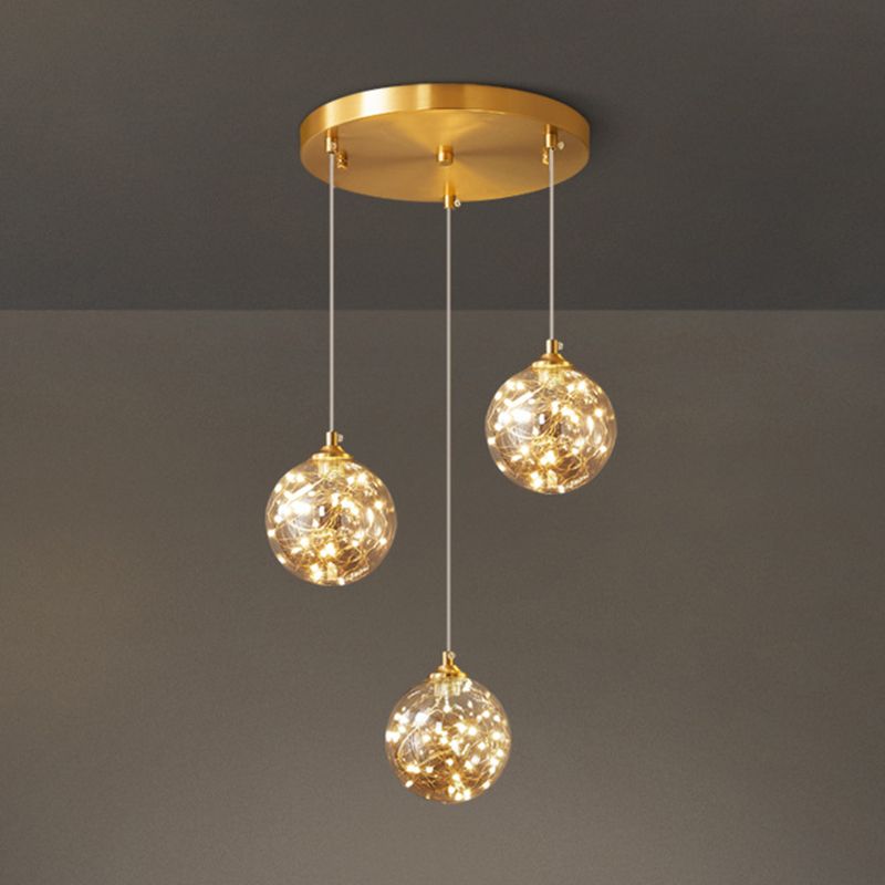 Finition en laiton globe suspension lampe nordique en verre ambre LED Éclairage pendentif étoilé pour la chambre