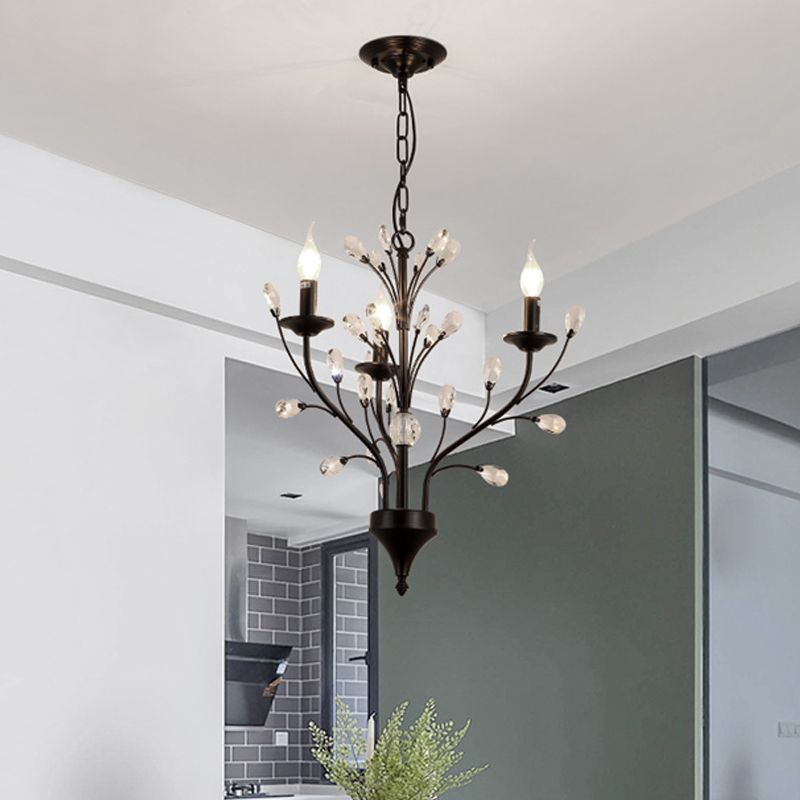 3/6/9 Lights Dining Room Chandelier Lamp Modern Black Floral Iron Pendant Light with Crystal Draping