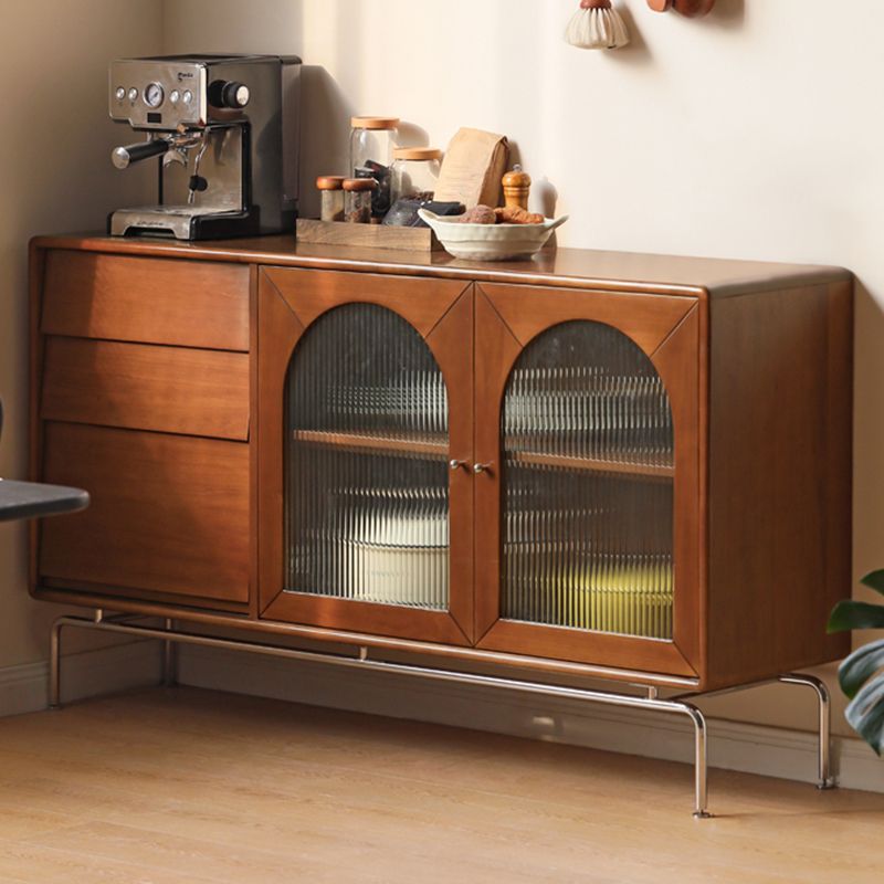 Modern Brown Solid Wood Buffet Sideboard with Glass Door and 3 Drawers