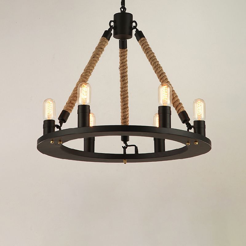 Circular Living Room Chandelier Farmhouse Metal Black Finish Hanging Light with Rope Cord