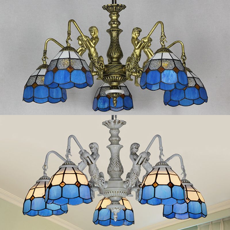 Blanc en verre blanc / antique suspension en laiton Dôme 5 lumières