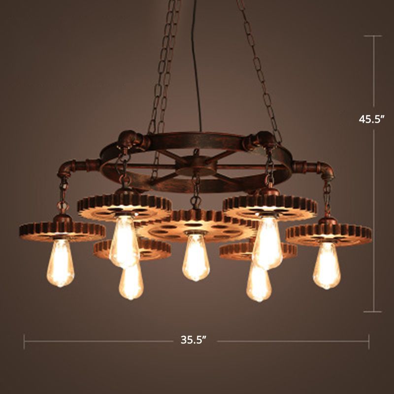 Bronze Finish Chandelier Factory Style Iron Bare Bulb Suspension Light with Gear and Wheel Deco