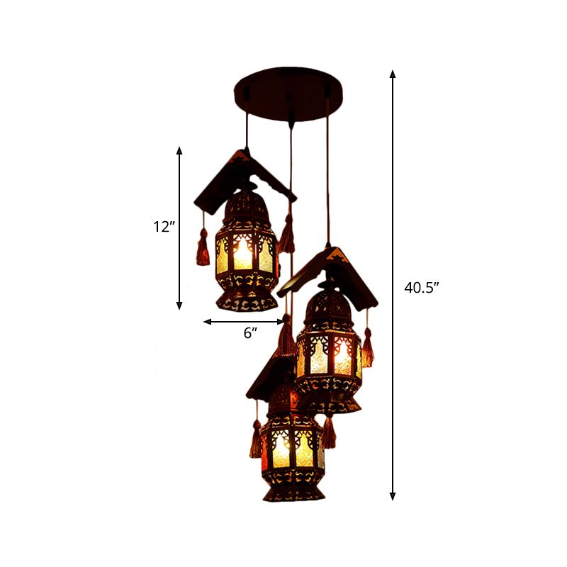 Lantern Metallic Kronleuchter Lampe Dekorative 3 Köpfe Wohnzimmer Hängende Leuchte in Bronze mit Holzdach