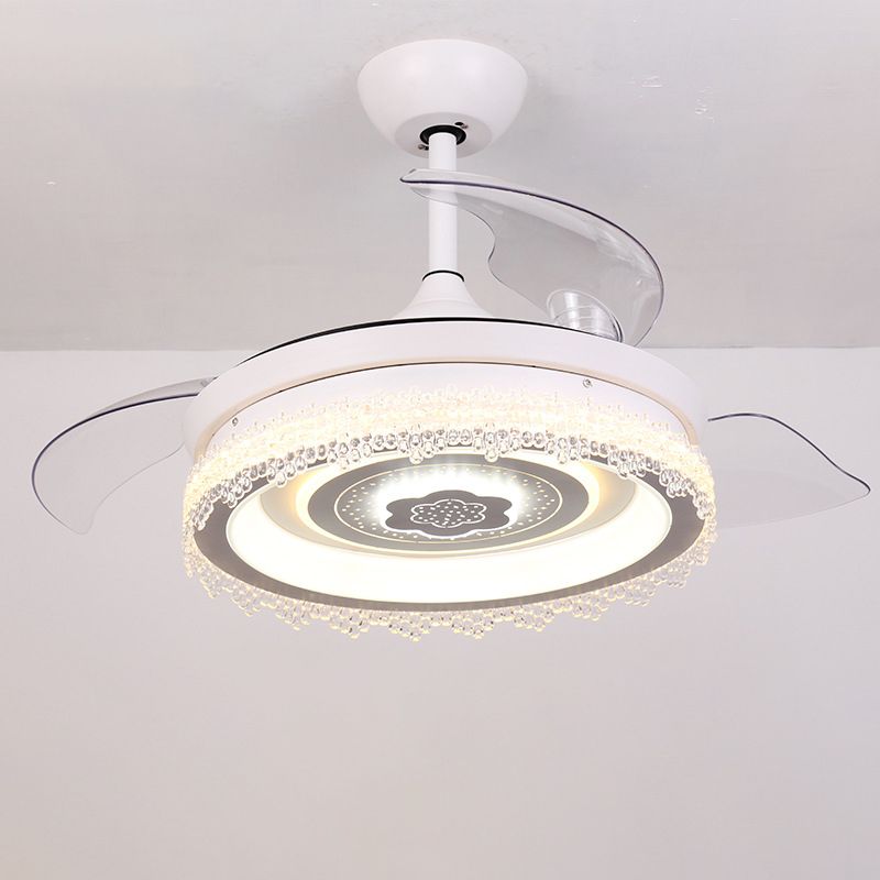 42" W Circular Semi Flush Light Modernist Acrylic White 3 Blades LED Pendant Fan Lamp with Floral Trim