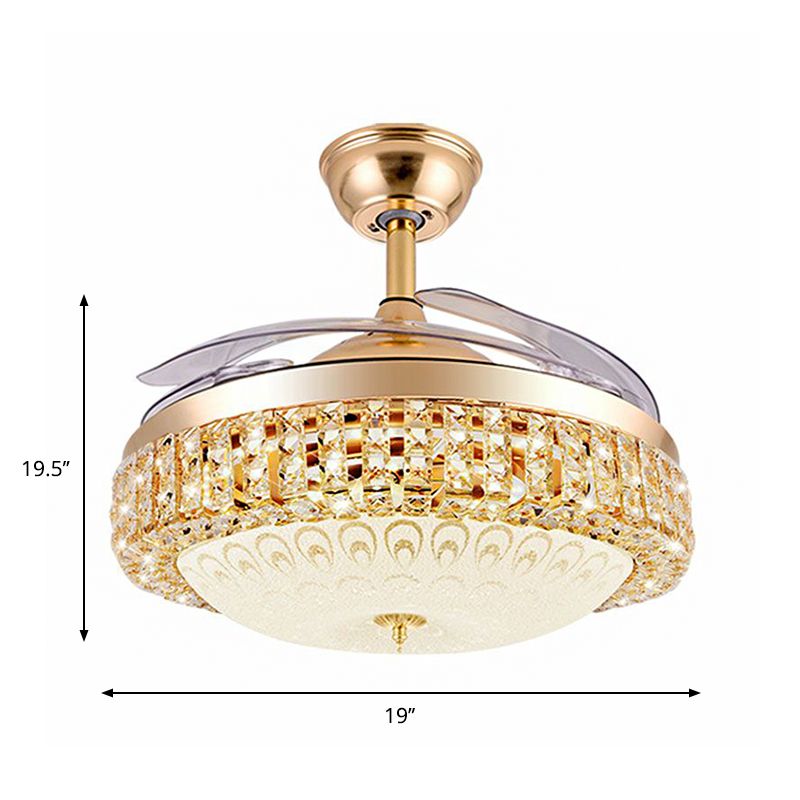 3-blade eenvoudige LED hangende ventilator licht gouden koepelvormige semi-montage verlichting met getextureerde glazen schaduw, 19 "breedte