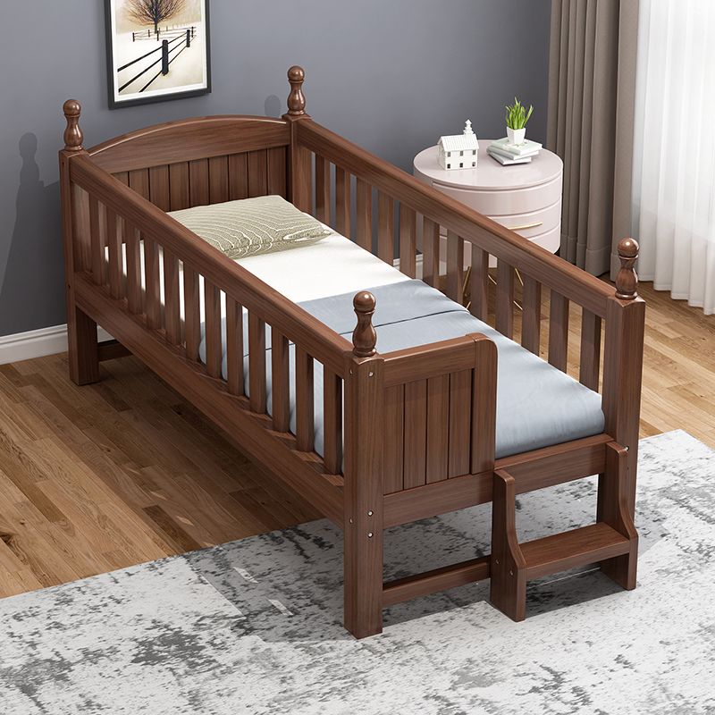 Solid Wood Baby Crib Walnut Color Crib with Guardrail and Mattress