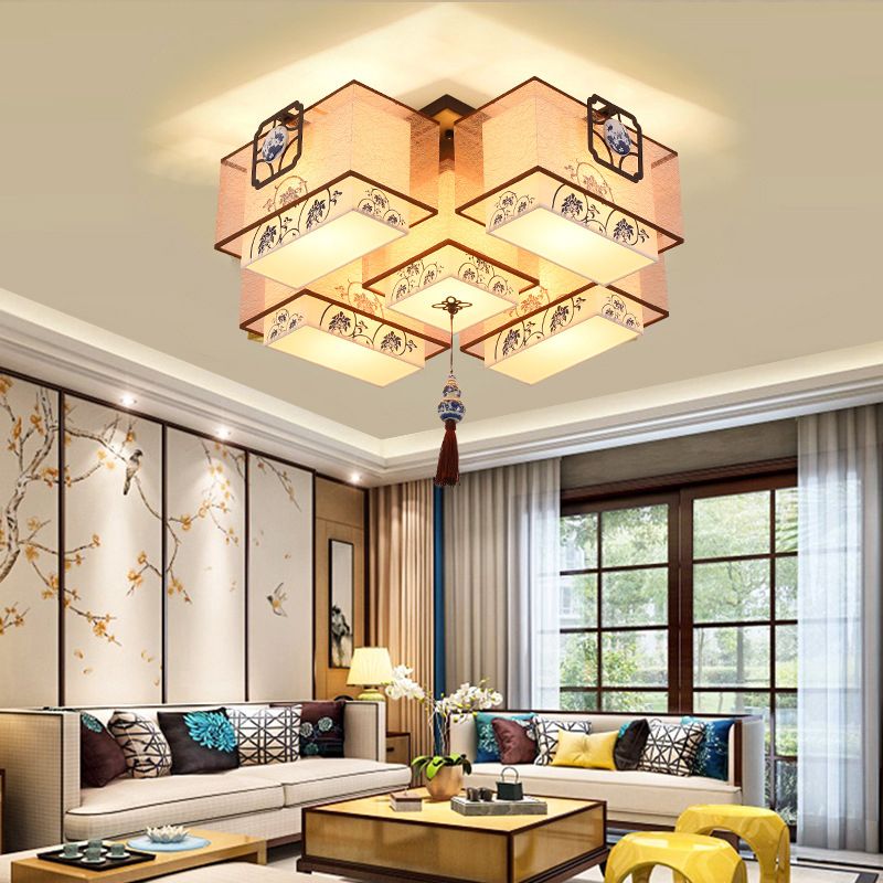 Beige Geometric Semi Flush Mount in Traditional Simplicity Wrought Iron Ceiling Light with Fabric Shade