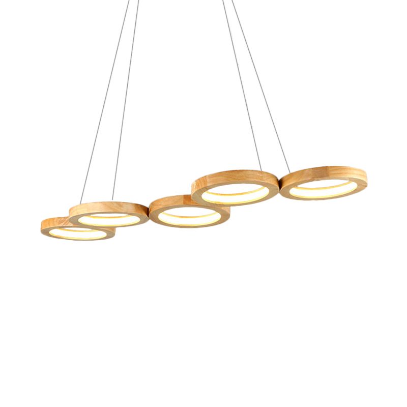 4/5 lichten eetkamer kroonluchter met orbiculaire houten schaduw modernistisch beige led hangend hanglamp in warm licht