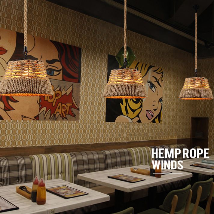Bol rustique Lumière de plafond corde de chanvre beige 1 Restaurant léger pendant Éclairage