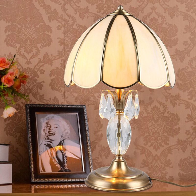 1 Light Beige Glass Table Lighting Classic Gold Dome Bedroom Night Lamp with Clear Crystal Accent