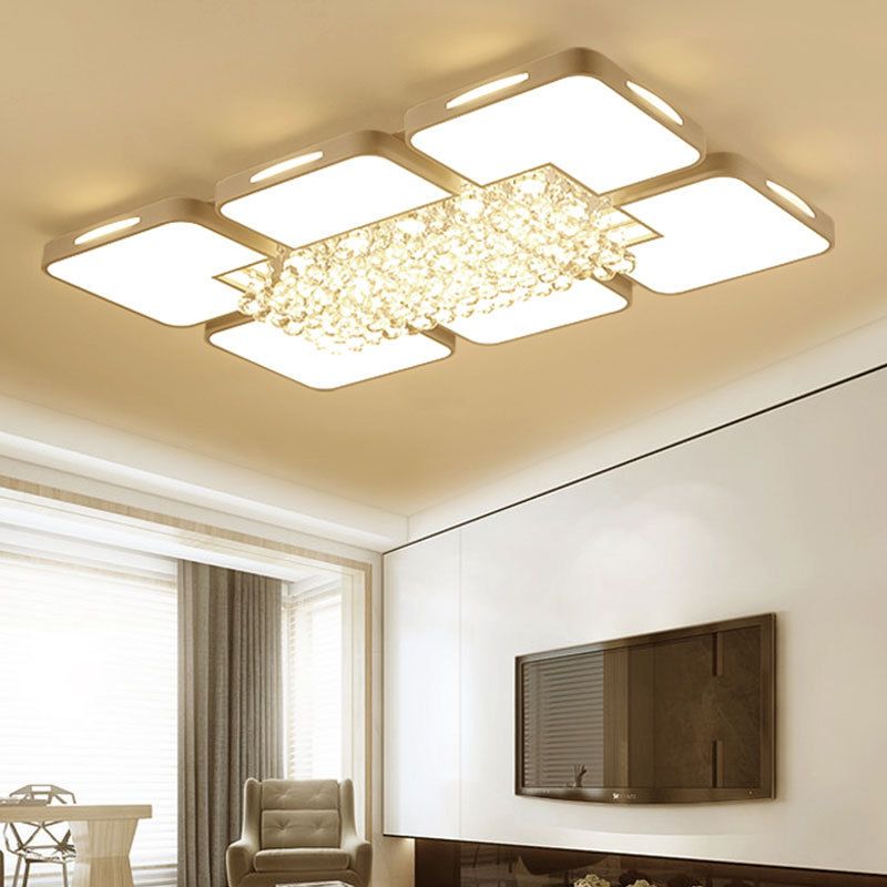 White Rectangular LED Flush Light Modern Acrylic Living Room Ceiling Fixture with Crystal Balls