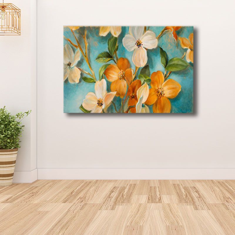 Orange-White Flower Blossom Painting Textured Farmhouse Living Room Wall Art Print