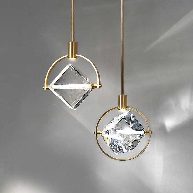 Geometric Hanging Light Fixtures Modern Gold Suspension Pendant Lights with Clear Crystal Shade