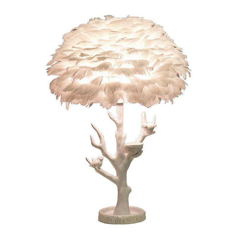 Artistic Tree Branch Table Light Resin Single Living Room Nightstand Lighting with Feather Shade in White