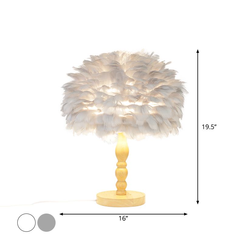 Wood Baluster Table Light Simplicity 1 Bulb Night Stand Lamp with Dome Feather Shade in Grey/White