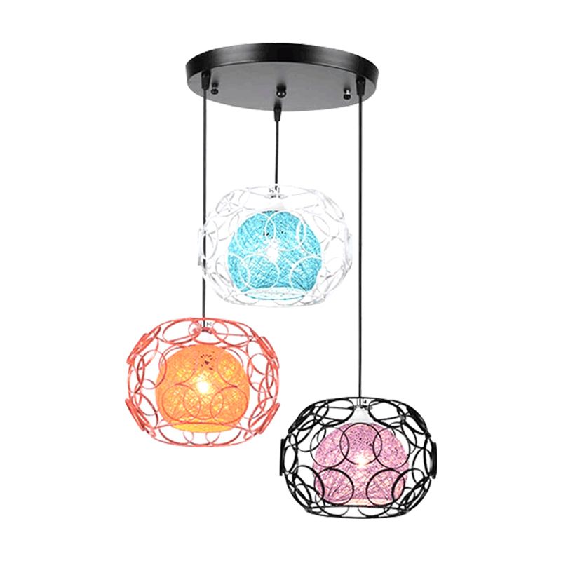 Colorful Rattan Globe Multi Ceiling Light Modern Asia 3-Light Hanging Pendant with Black Round Canopy