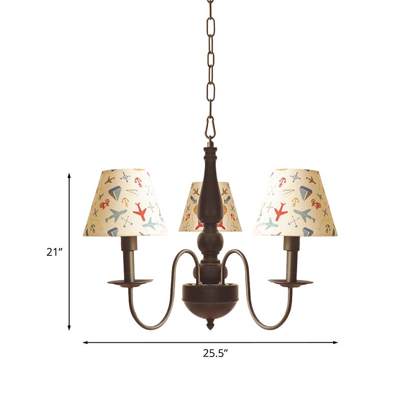 Kids Swoop Arm Iron Chandelier 3/5 Lights Suspended Lighting Fixture in Black with Conic Printed Fabric Shade