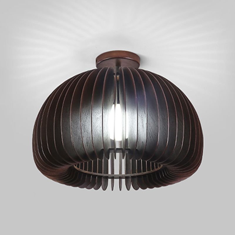 Modern Flush Mount Pumpkin Shape Ceiling Light with Wood Shade for Living Room