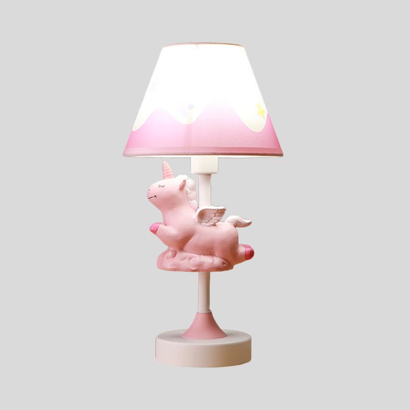 Unicorn Bedroom Night Light Resin 1-Light Cartoon Night Table Lamp in Pink/Yellow/Blue with Cone Fabric Shade