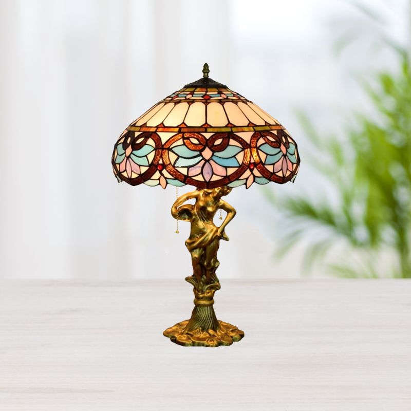 2 Heads Pull Chain Night Light Mediterranean Cone/Dome Beige/Blue-Brown Glass Table Lighting with Bronze Maid Base