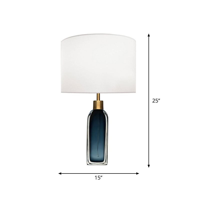 Blackish Blue/Clear Glass Pillar Table Lamp Postmodern 1 Head Nightstand Light with Cylinder Fabric Shade