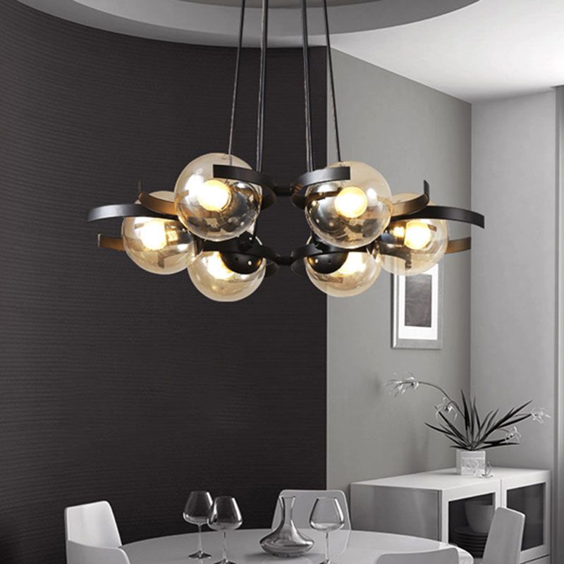 Black 6 Lights Multiple Hanging Light Industrial Clear Glass Ball Shade Cluster Pendant