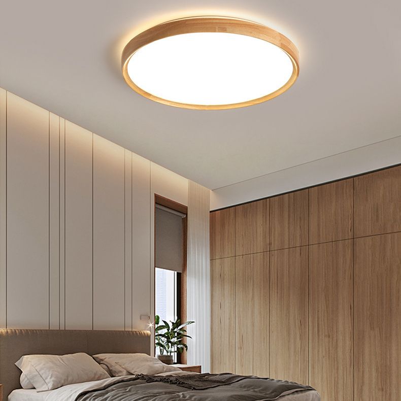 Wood Drum Shade Flush Mount Minimalist 1 Light Flush Chandelier for Dining Room