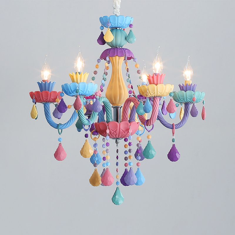 Bougie Baby Room Chandelier Metal Macaron Suspension Lumière avec des rideaux en cristal