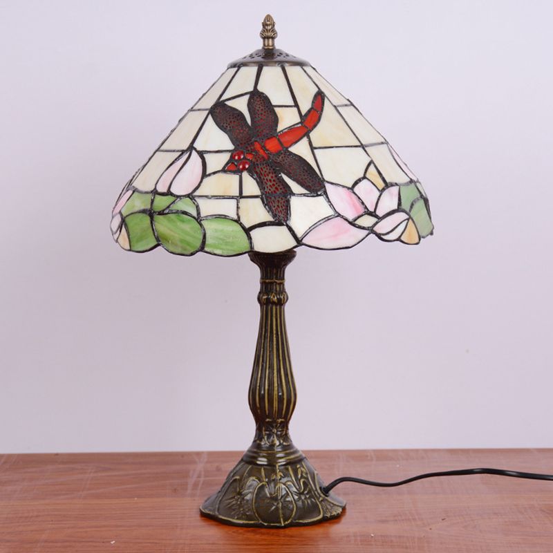 Handcrafted Stained Glass Cone Night Lamp Tiffany 1 Light Bronze Finish Table Lighting with Dragonfly and Lotus Pattern