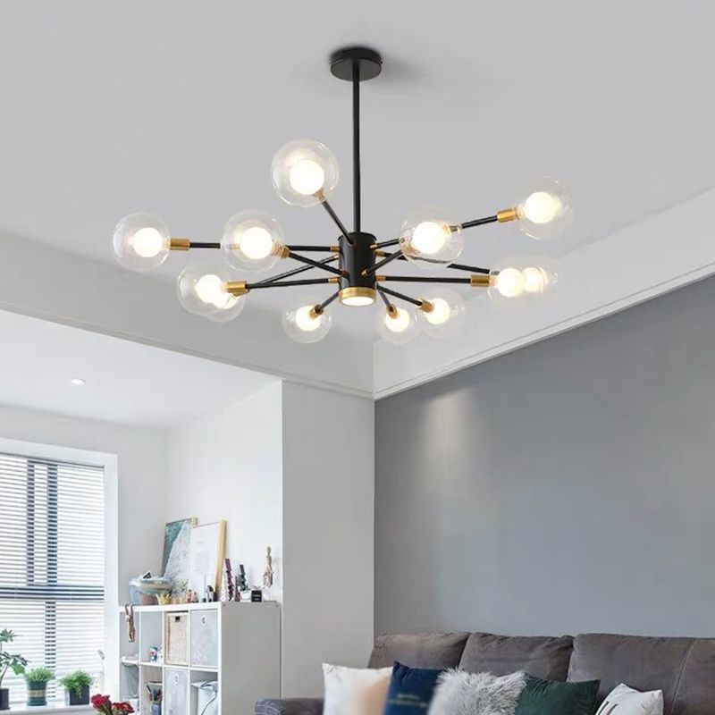 Modern Metal Radial Hanging Chandelier Light Spherical Clear Glass Shade Suspension Light  in Black